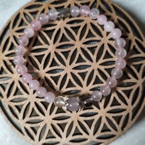 bracelet valentine for ever quartz rose cristal de roche perle centrale fleurs argent lithothérapie amour coeur sentiments