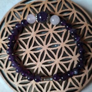 bracelet harmonie intuitive améthyste chevronnée 6mm quartz rose 8mm perle centrale 10 mm entretoises fleurs argent lithohtérapie intuition amour