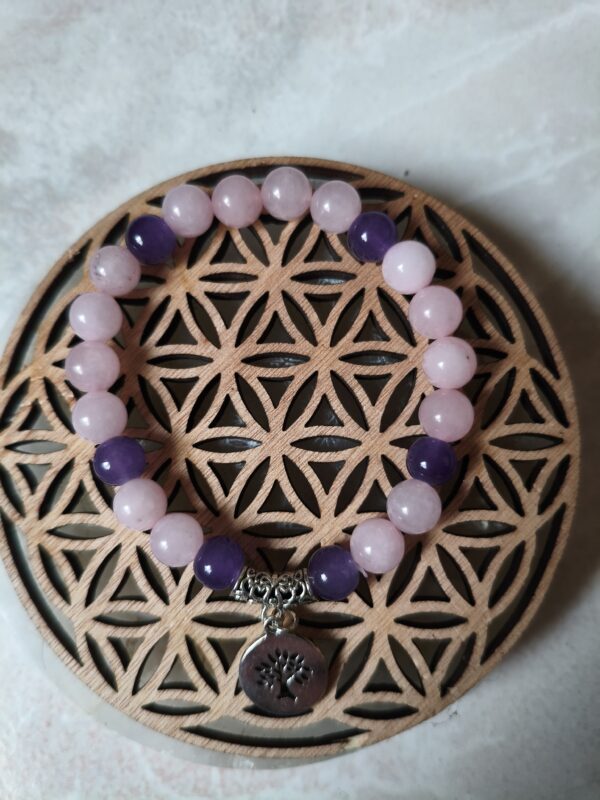 Bracelet quartz rose améthyste arbre de vie lithothérapie amour sérénité