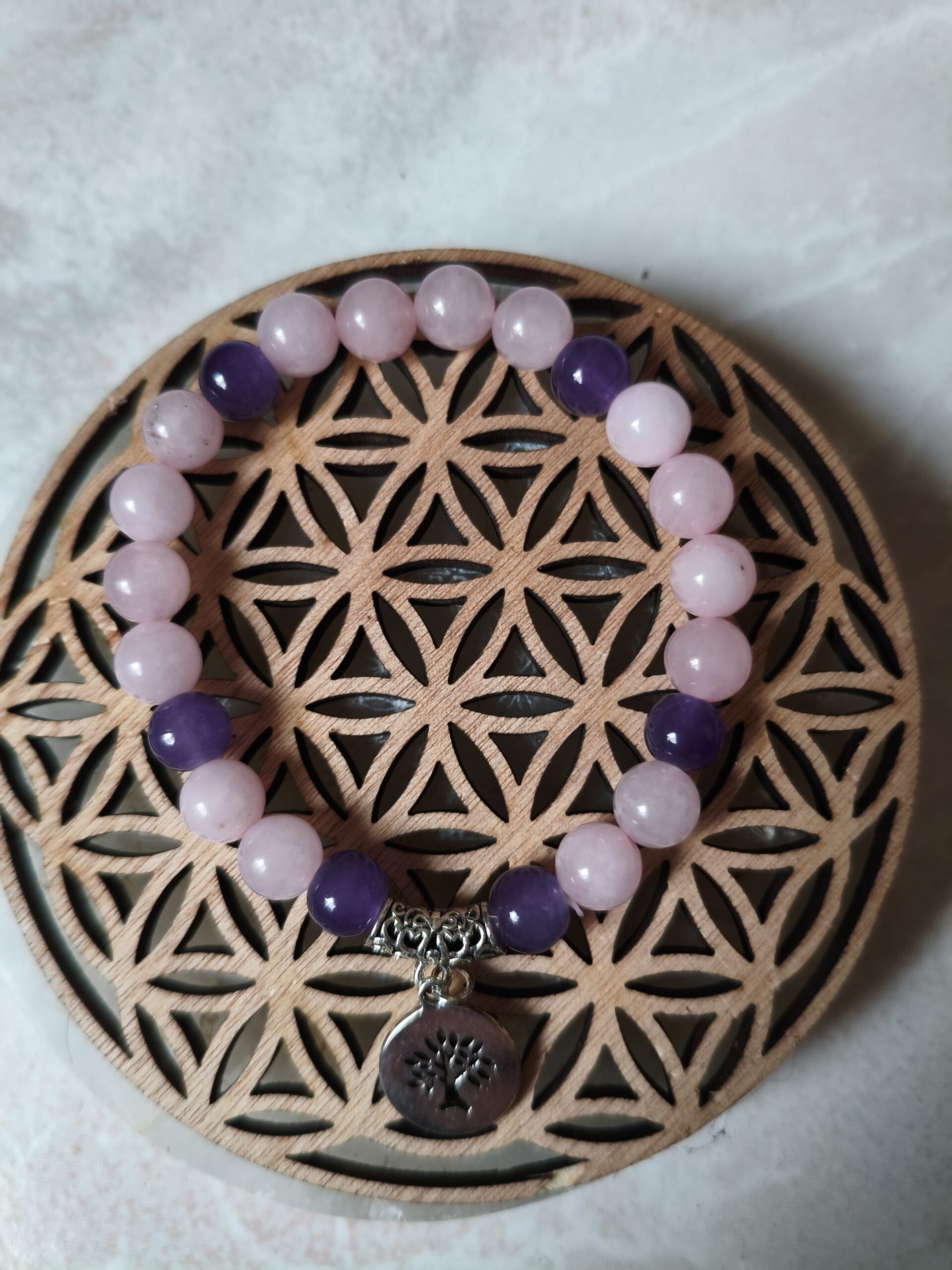 bracelet quartz rose améthyste arbre de vie lithothérapie amour sérénité