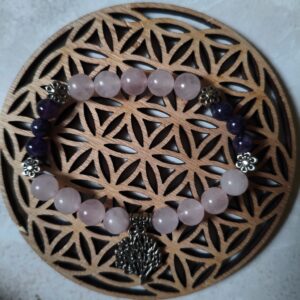 bracelet en quartz rose et amethyste avec entretoises fleur lithotherapie
