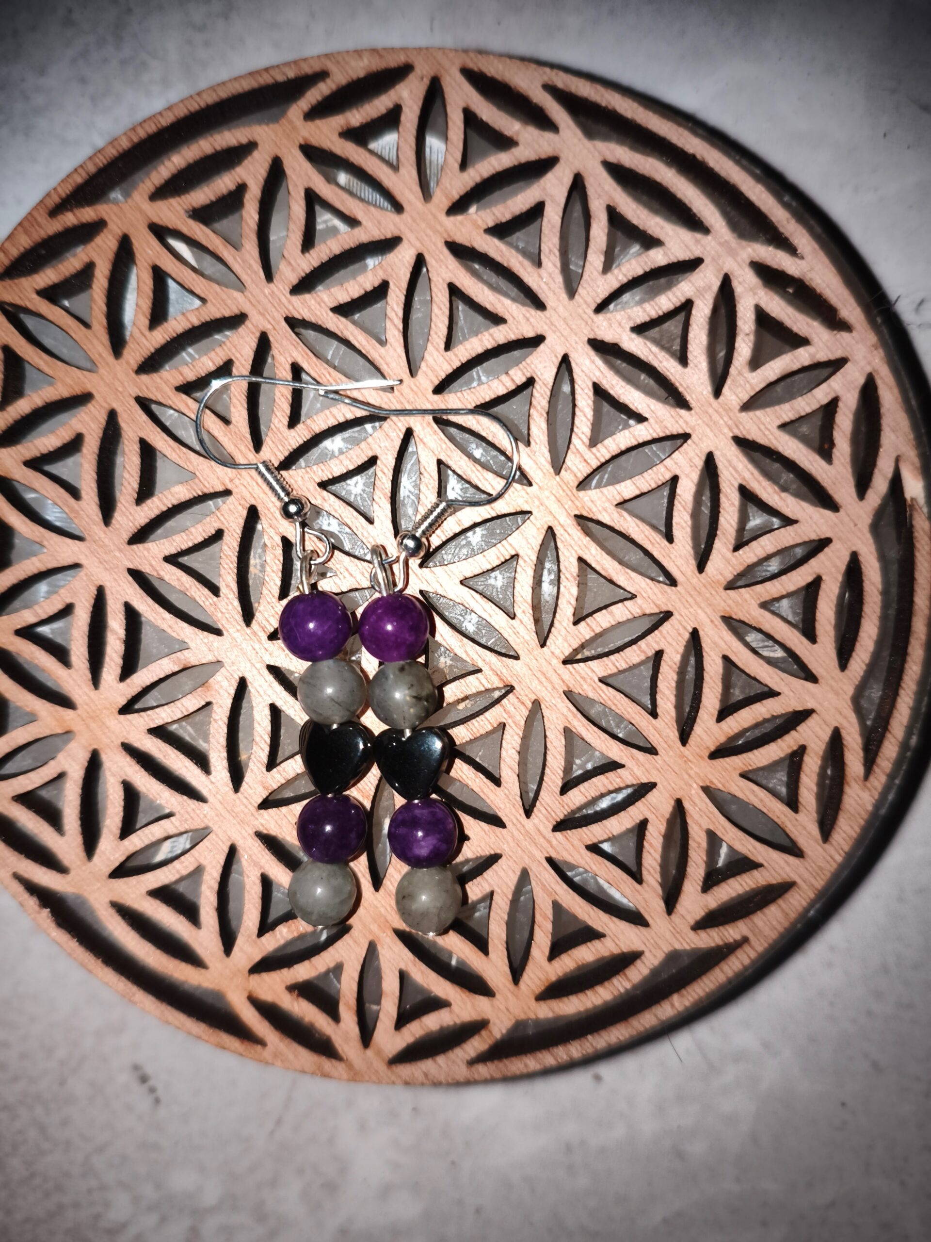 Boucles d'oreilles améthyste labradorite hématite protection sérénité