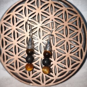 Boucleq d"oreilles oeil de tigre pierre de lave lithothérapie protection ancrage