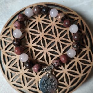bracelet la vie est un cadeau rhodochrosite 8 mm quartz rose 8 mm charm arbre de vie Life is a gift lithothérapie guérison coeur gratitude