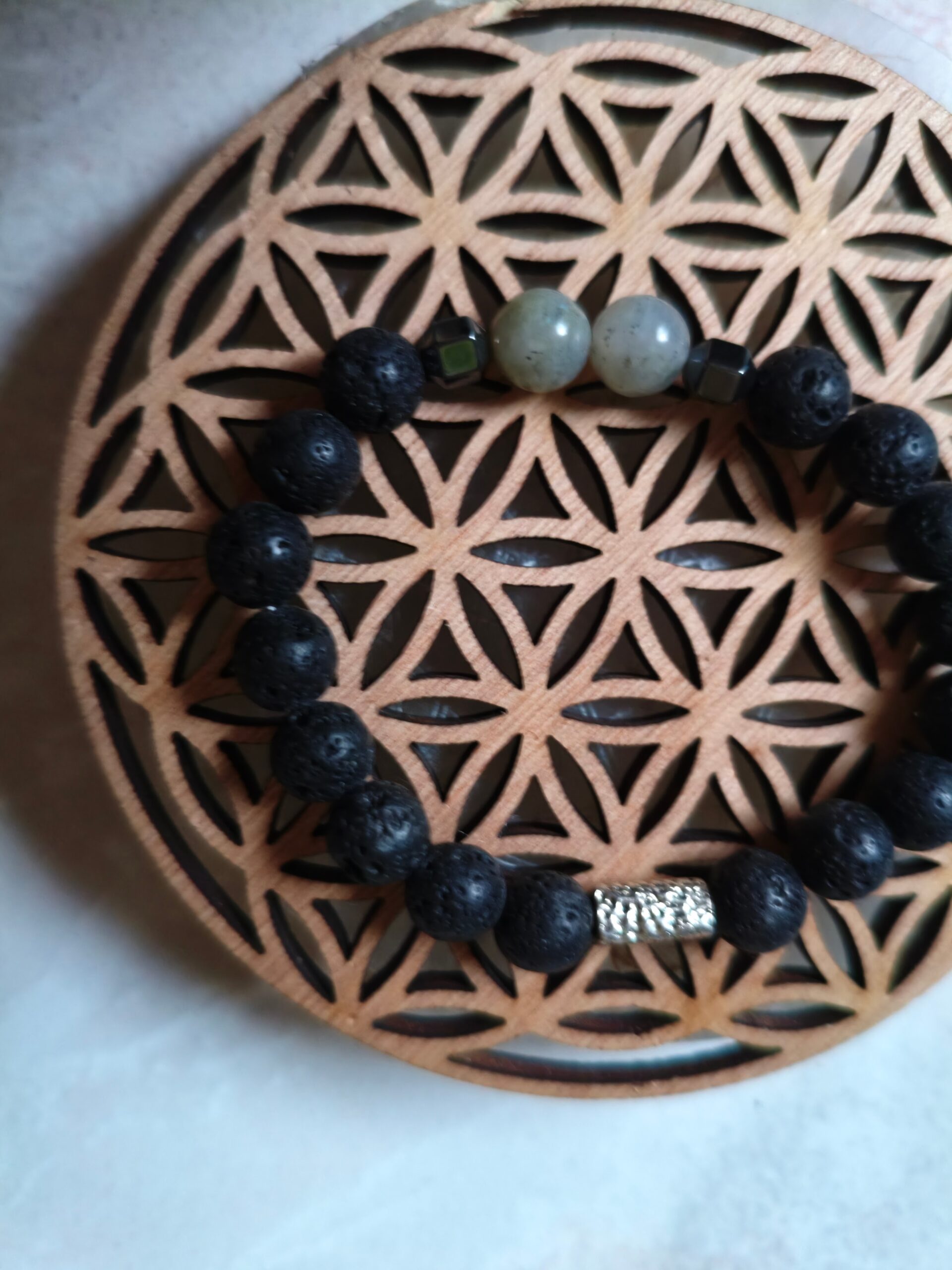 bracelet volcan intuitif pierre de lave labradorite hématite - lithothérapie ancrage intuition bouclier vitalité