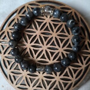bracelet abysse lumineux larvikite cristal de roche - lithothérapie intuition protection ancrage spirale
