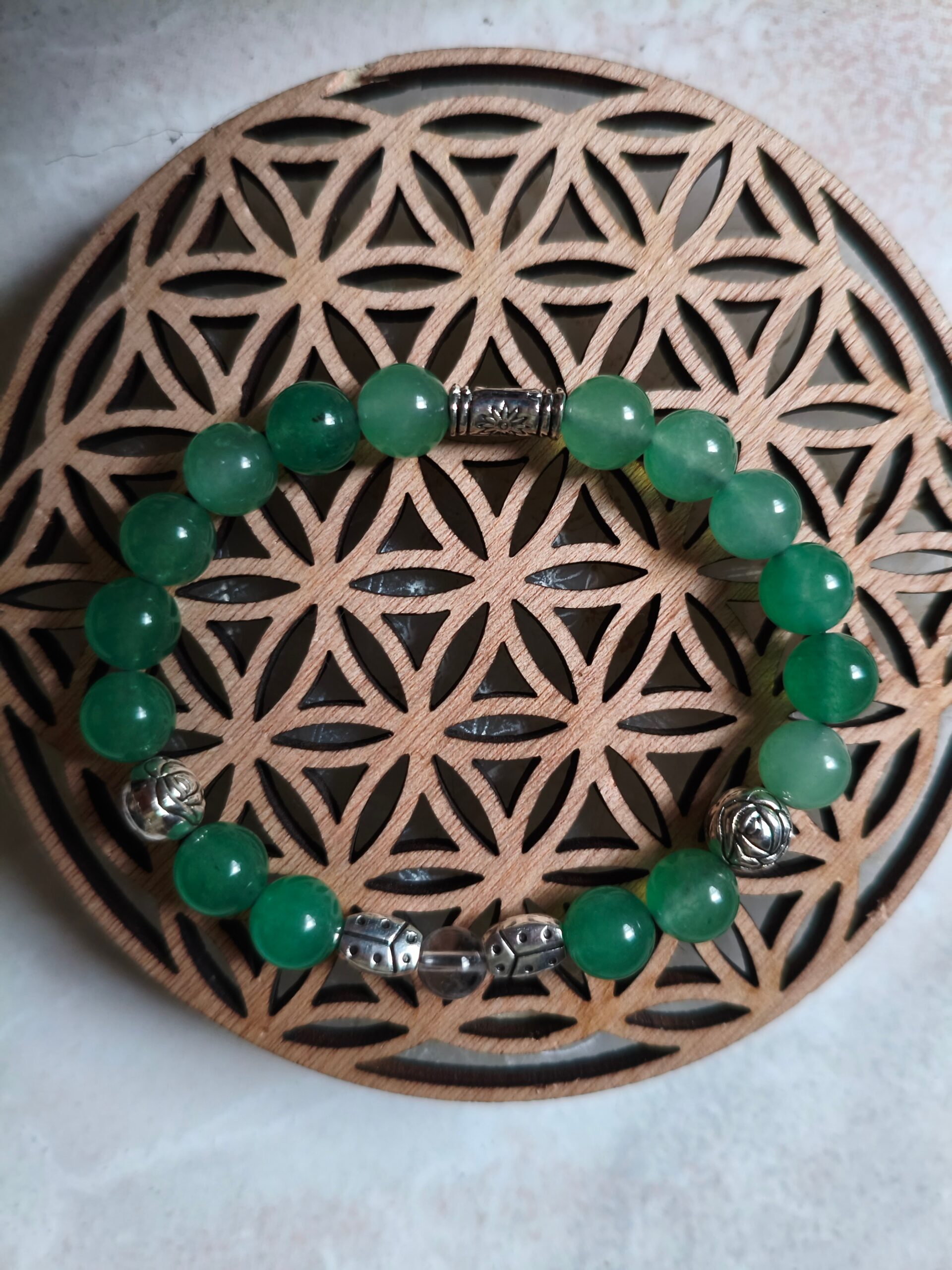 bracelet aura d'abondance aventurine verte cristal de roche entretoises métal lithothérapie chance opportunités prospérité